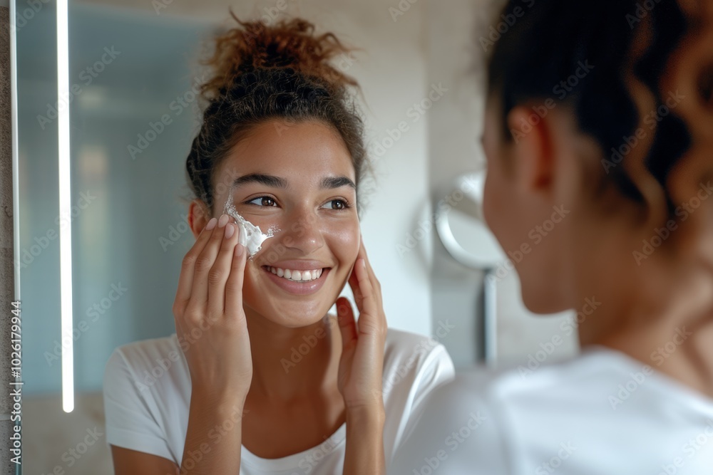 Young woman applying facial cream in a bright bathroom mirror during morning skincare routine Young woman applying facial cream in a bright bathroom mirror during morning skincare routine