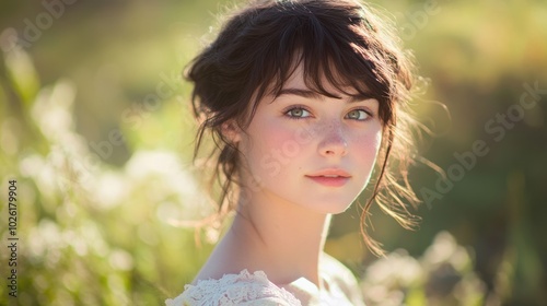 Portrait of young woman in soft, natural light Using soft, diffused lighting to create a gentle and flattering portrait, commonly used in beauty or wellness photography. photo