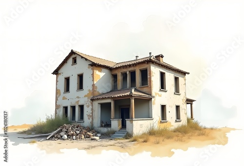 Demolition of a building. Destruction of the house with the help of an excavator. Dismantling of an old building. Vector illustration. Isolated on a white background. flat composition 