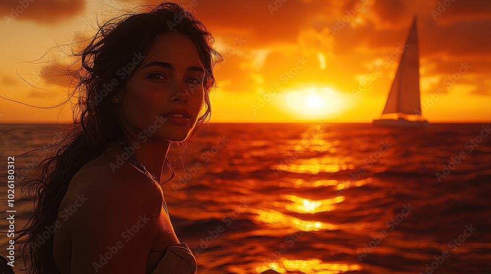 Woman gazing at a stunning sunset over the ocean with sailboat in the background. Woman gazing at a stunning sunset over the ocean with sailboat in the background.