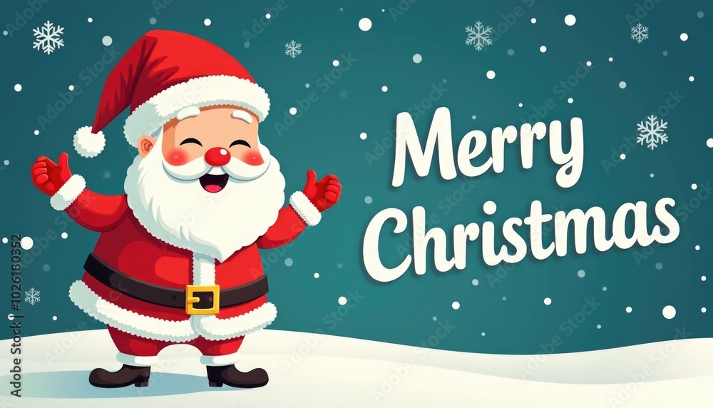 Cute christmas background poster with cartoon santa with text Merry Christmas