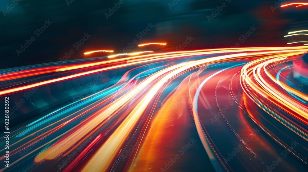 Long exposure of vibrant light trails from moving vehicles on a city road at night Long exposure of vibrant light trails from moving vehicles on a city road at night