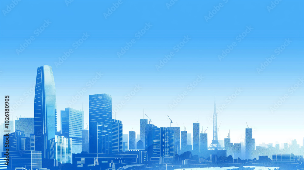 Urban Business District with Modern Glass Building and Clear Blue Sky, Industrial Construction Scene Urban Business District with Modern Glass Building and Clear Blue Sky, Industrial Construction Scene