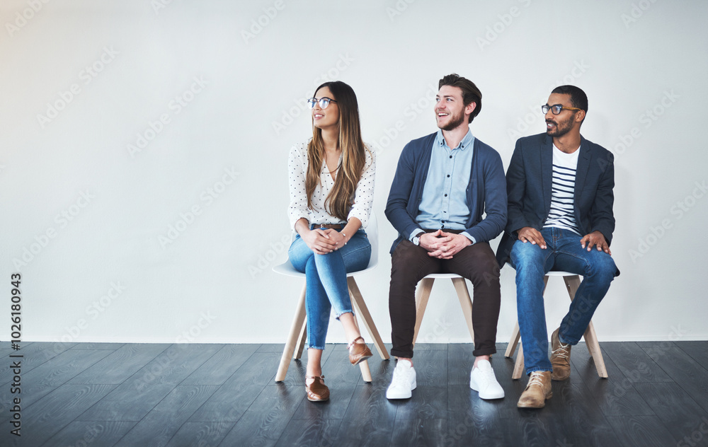 Naklejka premium Row, chair and group in waiting room, happy and professional in business, recruitment and smile. Appointment, applicant and people in line, job interview and process of hiring, thinking or onboarding