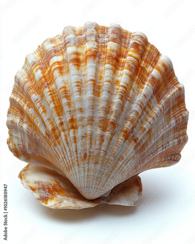 A single seashell symbolizing exploration by sea isolated on white background. 