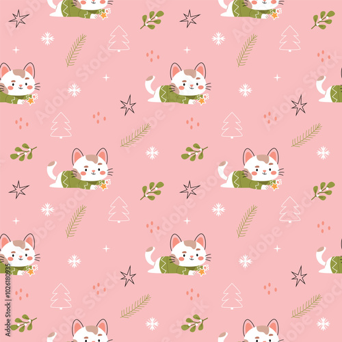 New Year's winter Christmas pattern with a white cat and a star on a pink background.