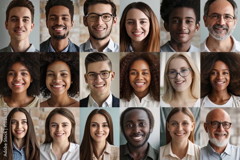Diverse group of smiling individuals with varying backgrounds captured in a bright, contemporary indoor setting. Collage of people with diverse appearance Diverse group of smiling individuals with varying backgrounds captured in a bright, contemporary indoor setting. Collage of people with diverse appearance