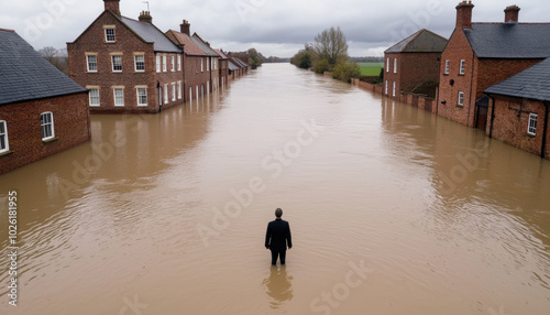 Person standing in flooded street surrounded by submerged houses.