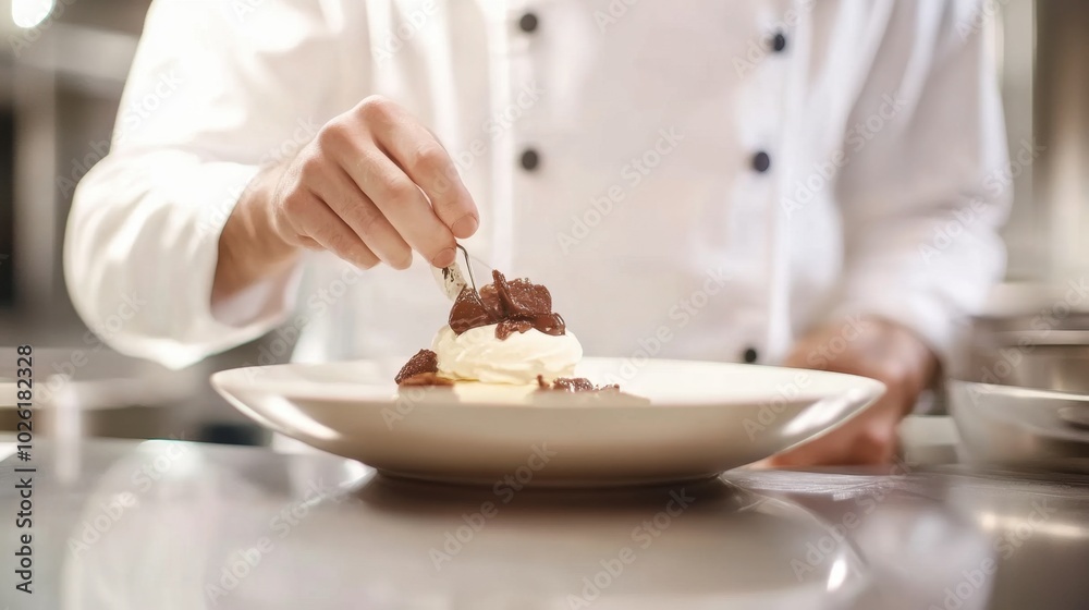 Chef decorating dessert modern kitchen soft lighting Chef decorating dessert modern kitchen soft lighting