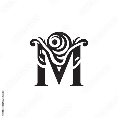 stylish and curved letter M silhouette logo icon template with floral style