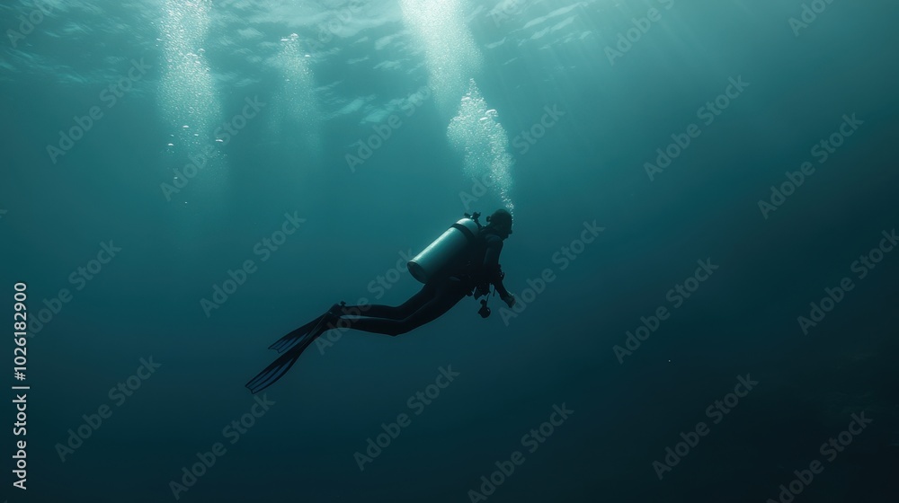 Diver underwater, marine research, clean layout, , copy space Diver underwater, marine research, clean layout, , copy space
