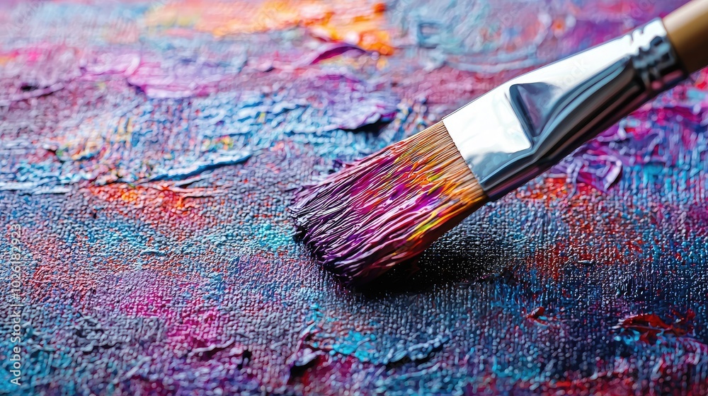 A close-up of a painter's brush loaded with vibrant paint, poised above a canvas. A close-up of a painter's brush loaded with vibrant paint, poised above a canvas.