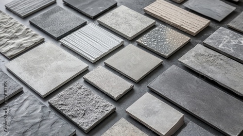 Textured ceramic tiles for display - Showcasing ceramic tiles with various textures, ideal for creating visually appealing and tactile surfaces in retail displays or interior design. © CStock