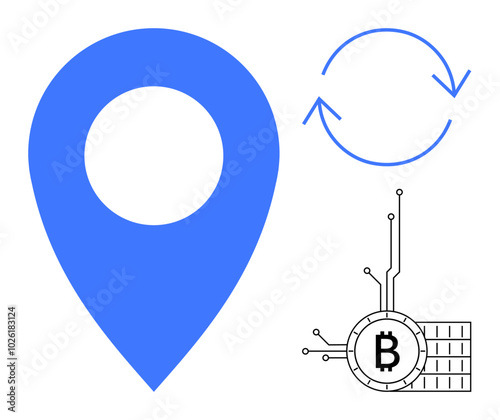 Blue location pin, circular arrows indicating refresh or update, and a Bitcoin symbol. Ideal for blockchain technology, cryptocurrency transactions, digital finance, online trading