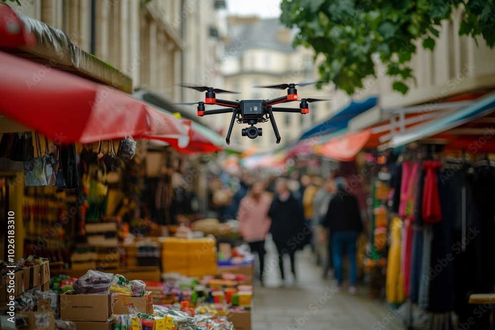 Naklejka premium A drone flies over a bustling market street. Colorful stalls display various goods. People stroll by in this lively urban setting. It captures modern technology in daily life. Generative AI