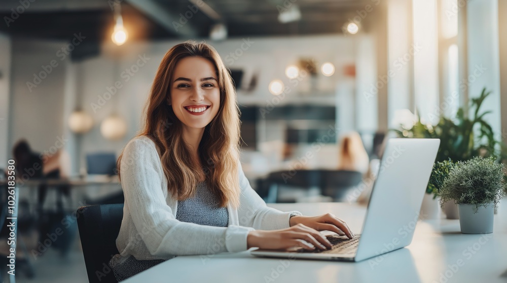 Woman Enjoying Efficient Work in Modern Office