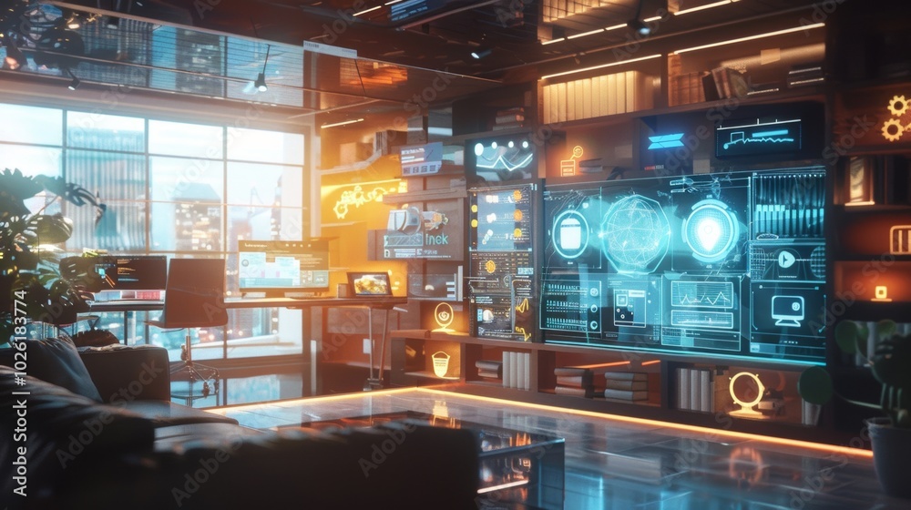 Holographic Interface in Futuristic Workspace Holographic Interface in Futuristic Workspace