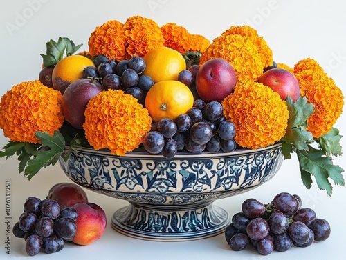 Fototapeta Naklejka Na Ścianę i Meble -  A Day of the Dead altar offering of fruits and marigolds isolated on white background. 