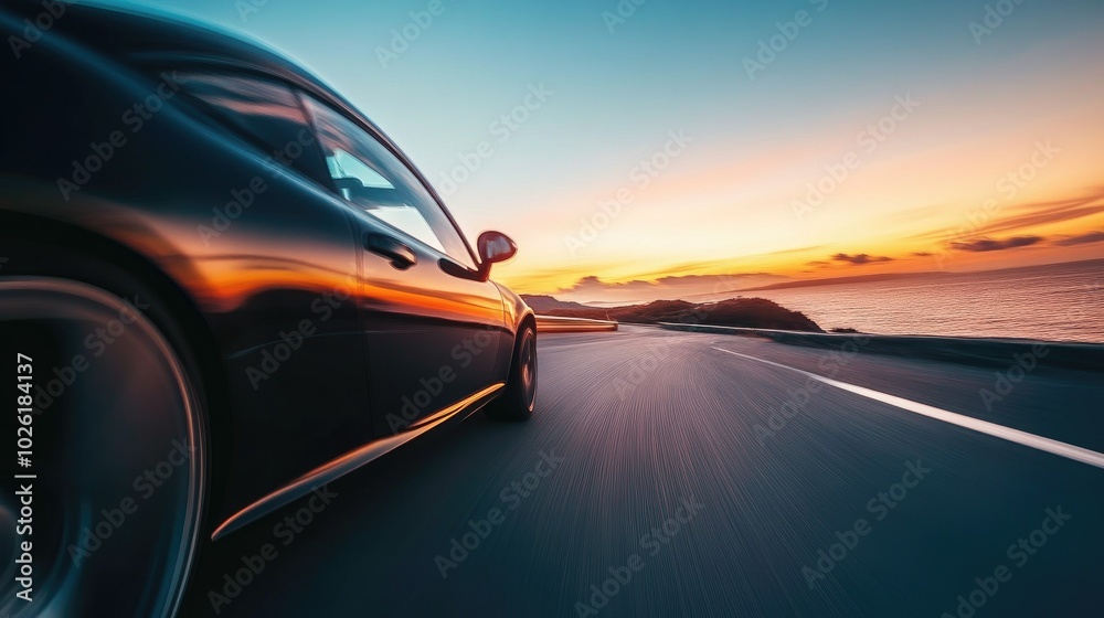 Chic Vehicle Driving Along Scenic Route Overlooking the Dusk Sea Chic Vehicle Driving Along Scenic Route Overlooking the Dusk Sea