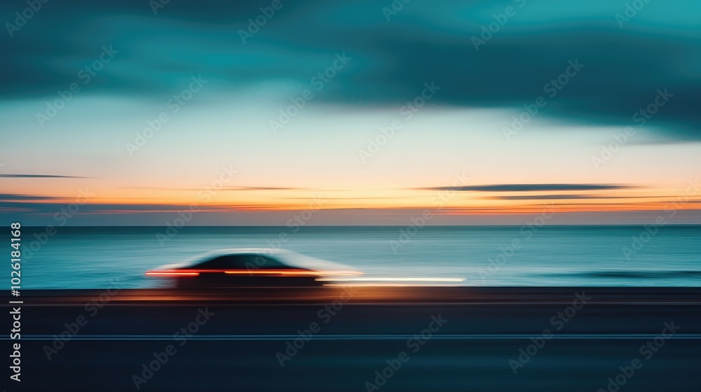 Obraz premium Contemporary Car on Scenic Ocean Road During Beautiful Sunset