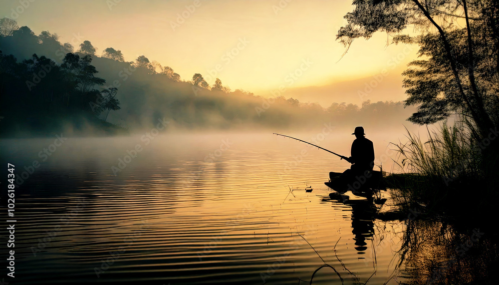 Silhouette of a fisherman in a forest water source. Twilight light of a forest landscape. Silhouette of a fisherman in a forest water source. Twilight light of a forest landscape.