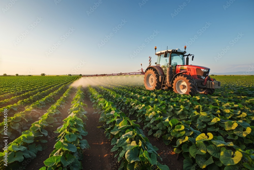 A bright sunny field with a red tractor spraying crops. The vast green rows reflect hard work and dedication in farming. Nature and technology work together. Generative AI A bright sunny field with a red tractor spraying crops. The vast green rows reflect hard work and dedication in farming. Nature and technology work together. Generative AI