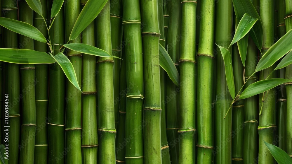 Fototapeta premium Dense bamboo forest with lush green stems and leaves growing in a natural environment during daytime