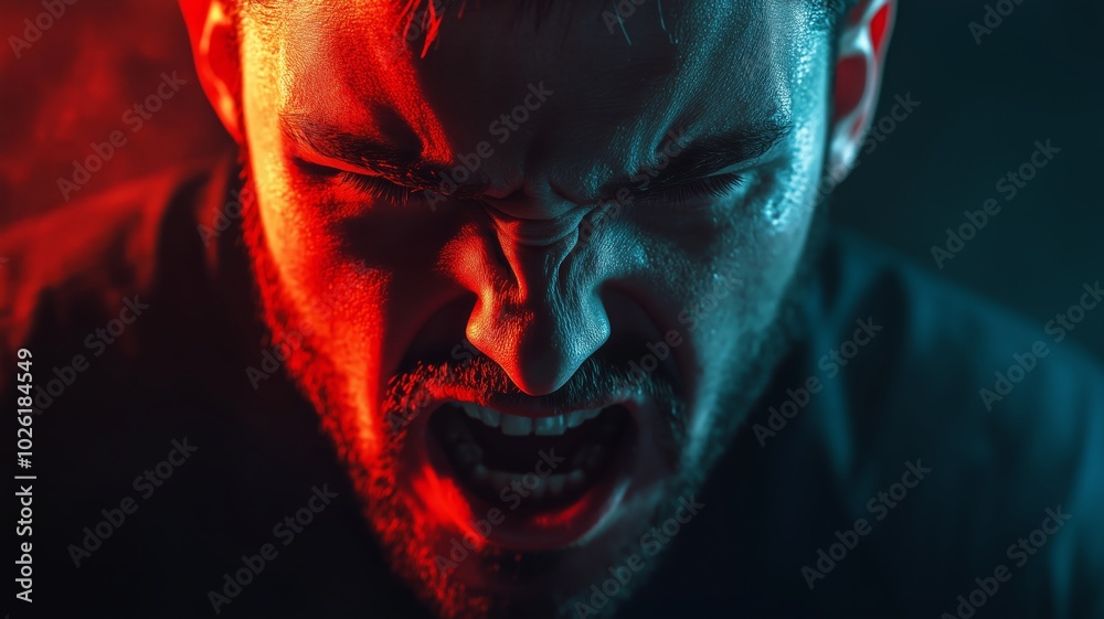 Portrait of a Man Screaming in Rage with Dynamic Light Contrast - Red and Blue - Made with Generative AI Portrait of a Man Screaming in Rage with Dynamic Light Contrast - Red and Blue - Made with Generative AI