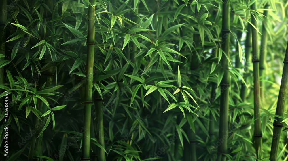 Obraz premium A lush bamboo grove in a serene forest setting captures the tranquility of natural greenery at midday