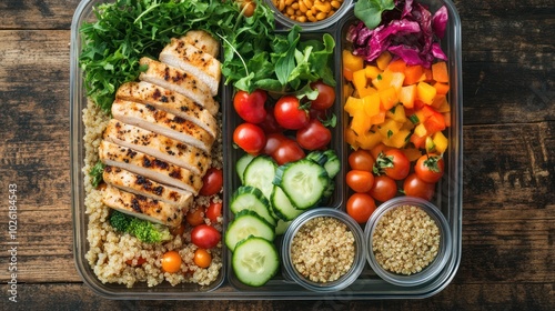 Top view of a balanced meal prep with grilled chicken, quinoa, fresh salad, and a variety of colorful vegetables in separate containers on a rustic wooden background, photo