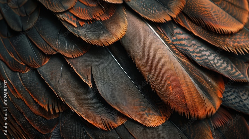 Naklejka premium Close-up view of iridescent bird feathers with intricate details showcasing textures and colors in natural light