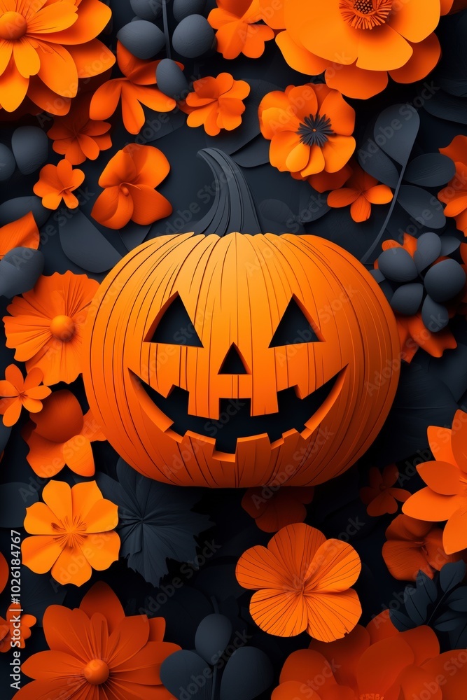 Paper cut Halloween vertical banner with pumpkin jack o lantern, autumn flowers and leaves. Orange, black and blue colors, festive composition. Handmade Halloween decorations. Event, party invitation Paper cut Halloween vertical banner with pumpkin jack o lantern, autumn flowers and leaves. Orange, black and blue colors, festive composition. Handmade Halloween decorations. Event, party invitation