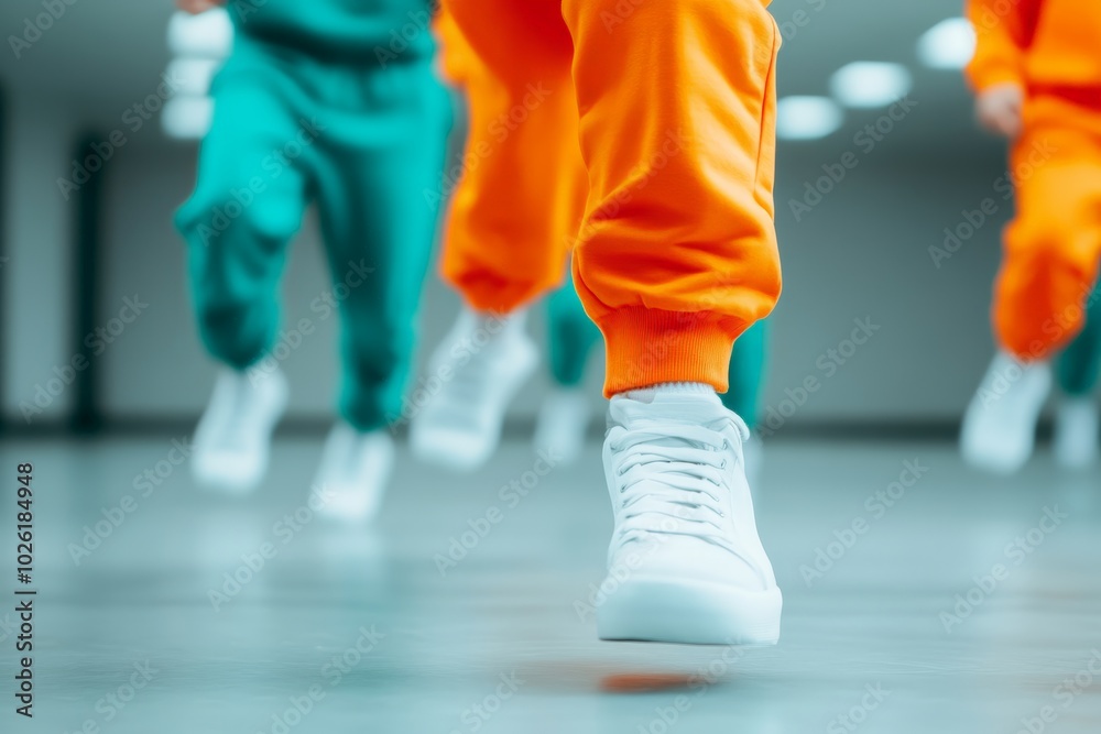 A group aerobics class with people in colorful workout clothes, focusing on fitness and movement. A group aerobics class with people in colorful workout clothes, focusing on fitness and movement.