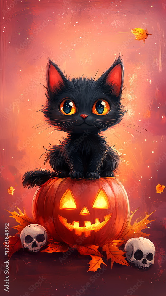 Cartoon black cat sitting on spooky pumpkin surrounded by autumn leaves, skulls against pink background. Whimsical Halloween with playful feline character. Vertical banner, poster, invitation Cartoon black cat sitting on spooky pumpkin surrounded by autumn leaves, skulls against pink background. Whimsical Halloween with playful feline character. Vertical banner, poster, invitation