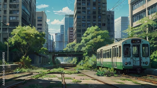 ゲーム背景　青空の下滅びた年に電車がとめられた田舎都市風景