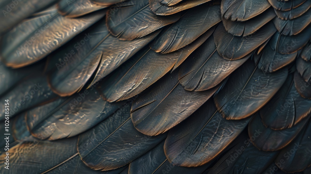 Fototapeta premium Close-up view of detailed feathers showcasing texture and color variation on bird's wing in natural light