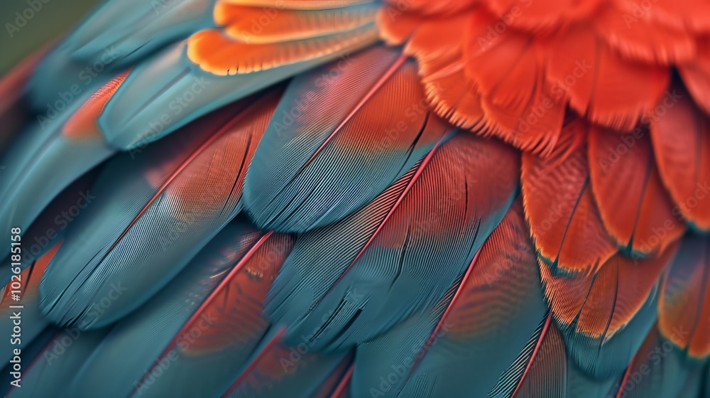 Vibrant feathers of a colorful bird showcasing intricate patterns and textures in close-up view Vibrant feathers of a colorful bird showcasing intricate patterns and textures in close-up view