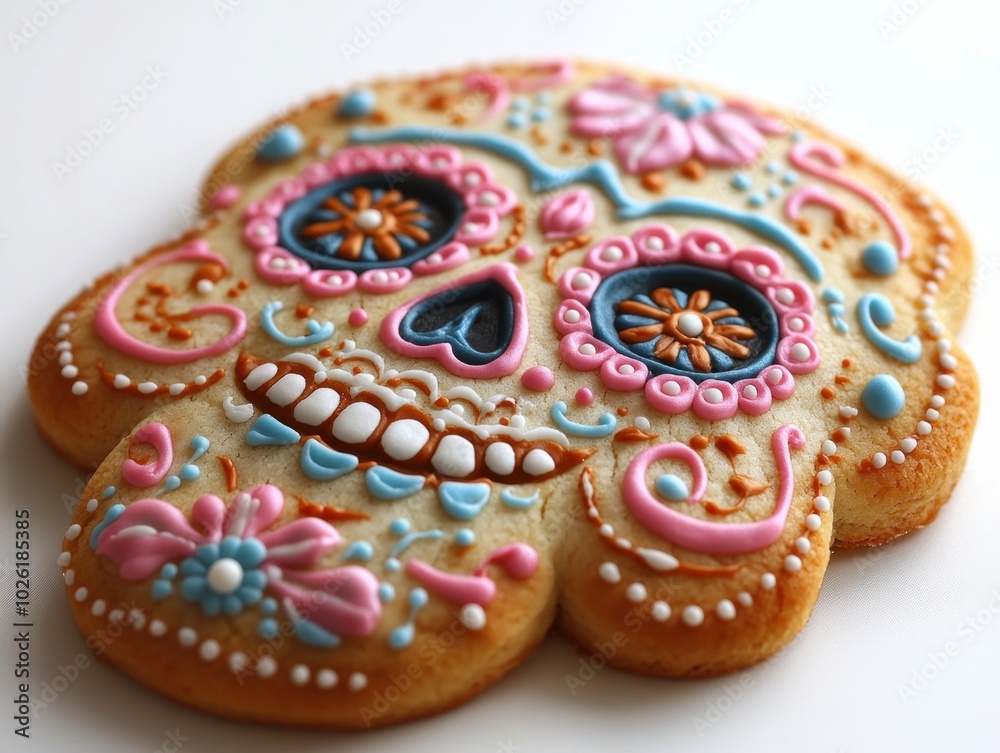 A calavera sugar cookie decorated with icing isolated on white background. A calavera sugar cookie decorated with icing isolated on white background.