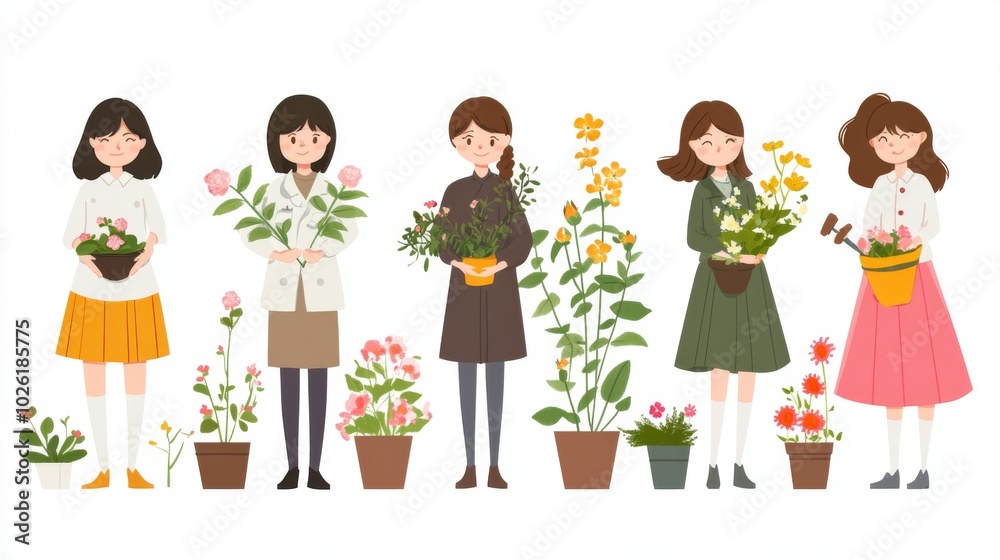 Women, horticulturists, garden trimmers, flowers Women, horticulturists, garden trimmers, flowers