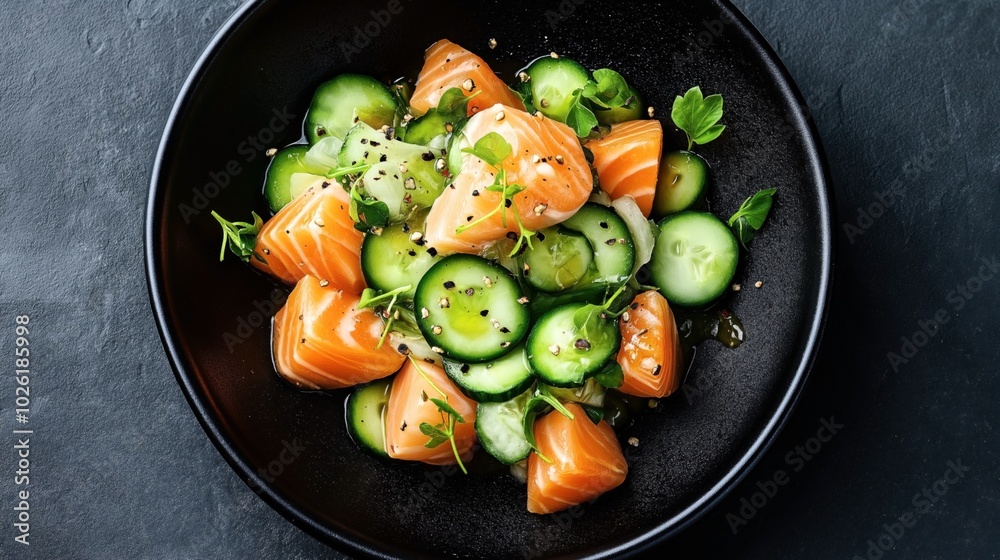 Fresh salmon tartare with cucumber slices and herbs in a black bowl on a dark textured surface, garnished with black pepper and drizzled with olive oil.