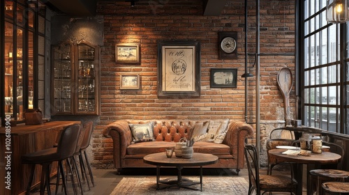 Weathered brick wall with vintage decor - Featuring weathered brick walls complemented by vintage or antique decor elements, creating a nostalgic and timeless atmosphere.