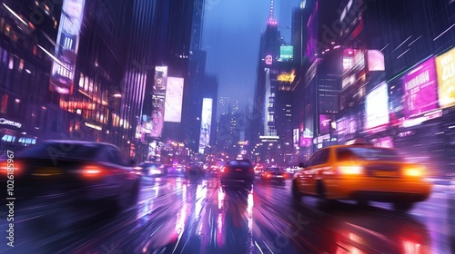 A busy urban street at night with blurred car lights and skyscrapers.