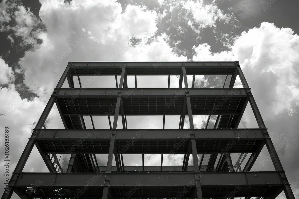 Black and White Image of an Under-Construction Steel Building Frame Against a Cloudy Sky Black and White Image of an Under-Construction Steel Building Frame Against a Cloudy Sky