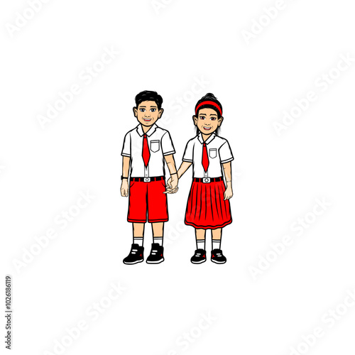 cartoon boy and girl wearing elementary school uniform holding hands vector illustration