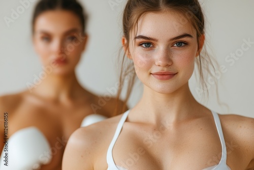 Close-up portrait of a young woman in sportswear, with another woman blurred in the background, both looking confident.
