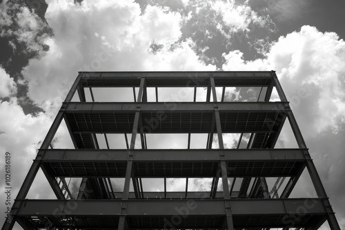 Black and White Image of an Under-Construction Steel Building Frame Against a Cloudy Sky