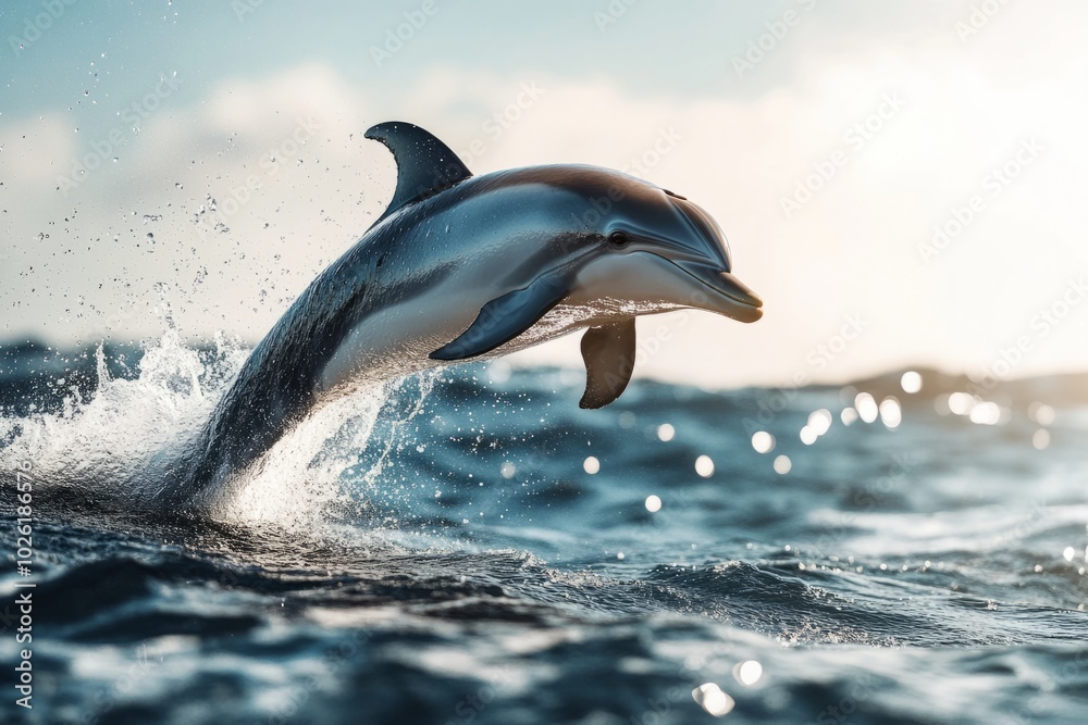 Obraz premium A dolphin leaps gracefully above the ocean waves in this stunning image. The bright colors and dynamic movement capture the joy of nature. Generative AI