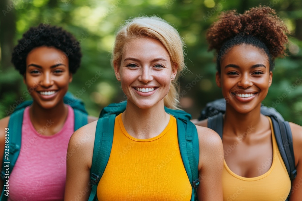 Three smiling women in yellow tops hiking in a lush green forest. Three smiling women in yellow tops hiking in a lush green forest.