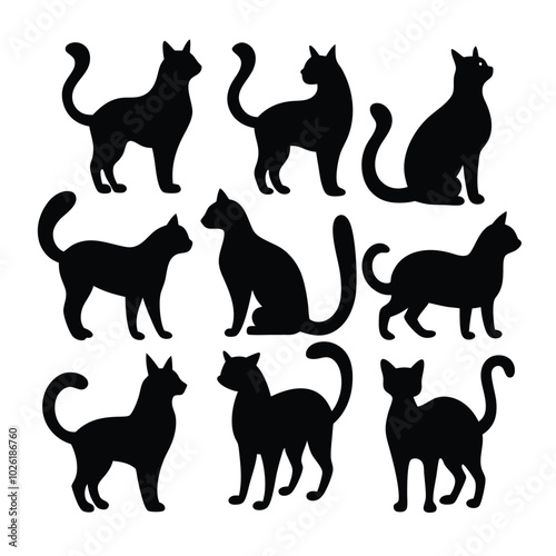 This Cat Silhouette Vector Set features sleek, minimal designs of cats in various poses. Perfect for pet-themed projects, logos, or artwork requiring a stylish, feline touch.