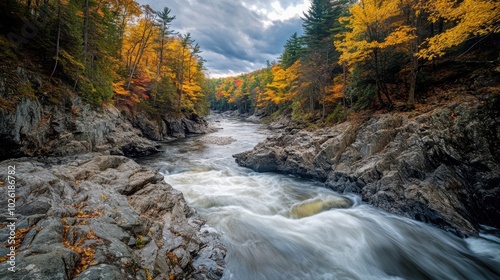 Quechee Gorge in Autumn: Vibrant Foliage Captured with Nikon D850, Atmospheric Depth, High-Resolution Outdoor Adventure Photography. photo